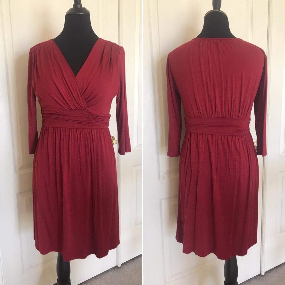 3/4 sleeve ruched waist knee length jersey dress